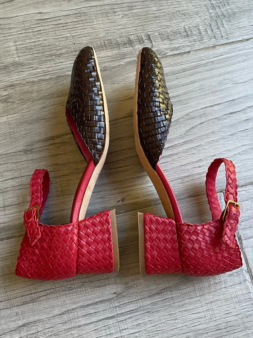 Charlotte Stone Mary Jane Chunky Heel Woven Leather Brown/Red Mod Chic SZ 7